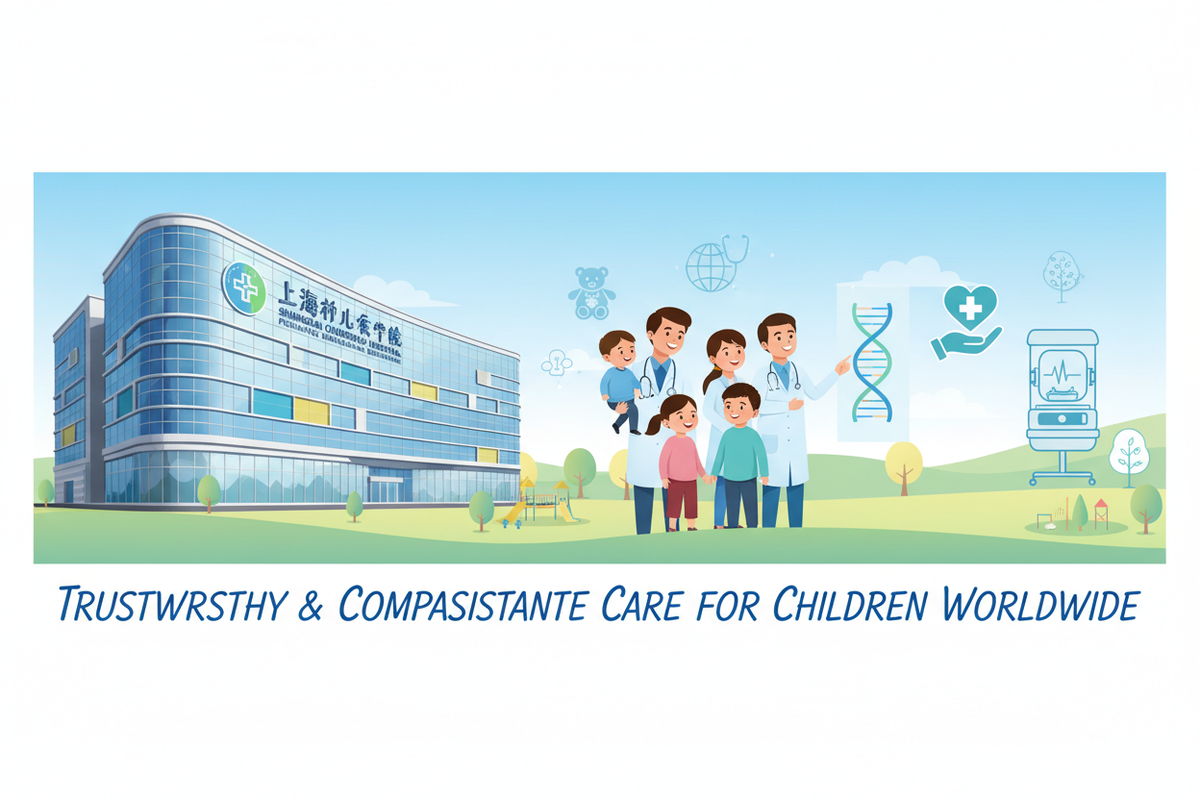 Shanghai Children's Hospital exterior showing modern pediatric medical facility with international patient services