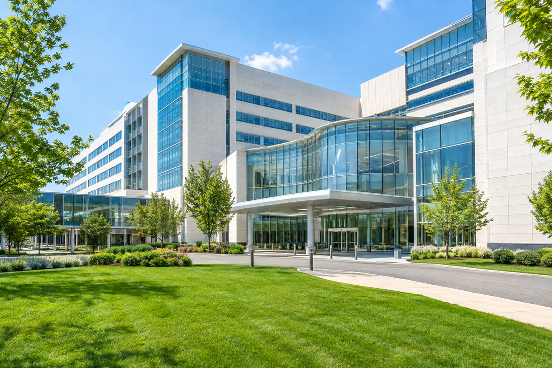 Modern oncology hospital and medical center campus exterior