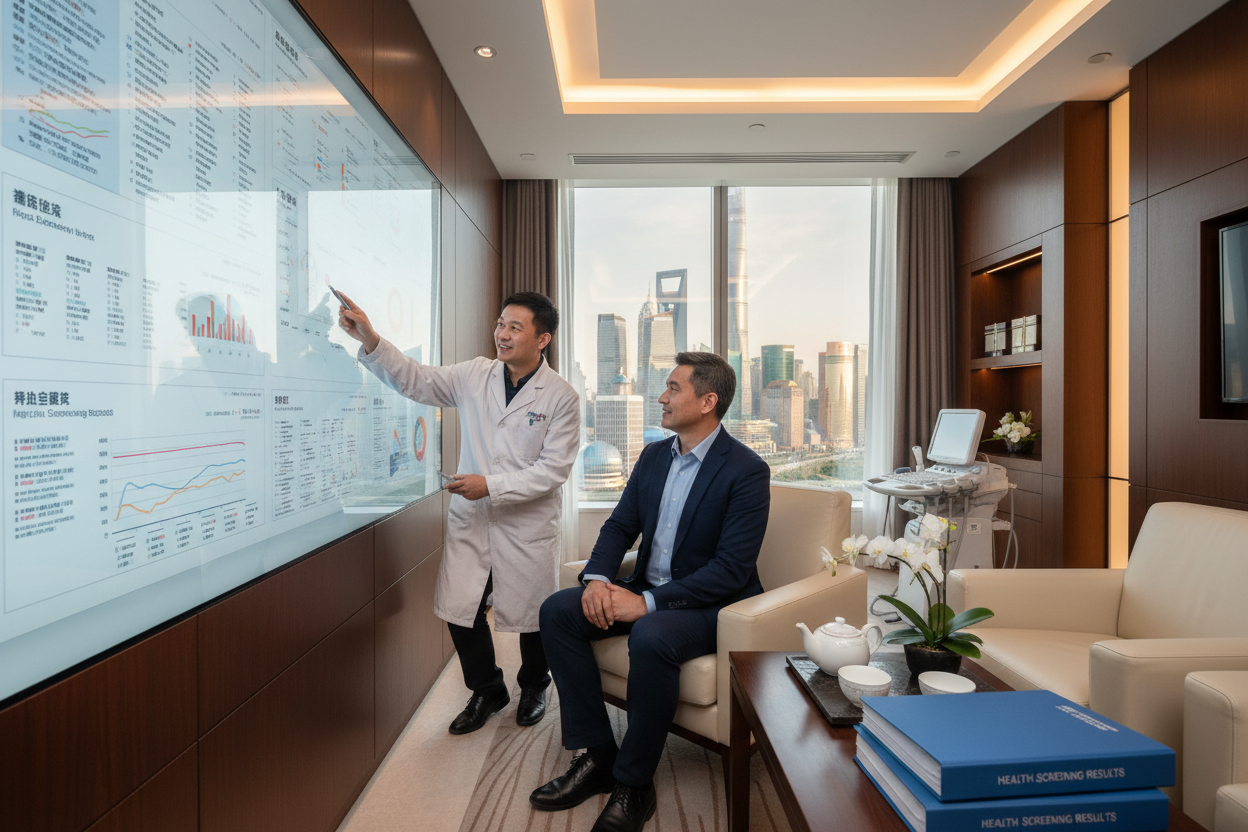Executive receiving VIP Gold comprehensive health checkup consultation at premium Shanghai Jiahui Health medical center with personalized physician review